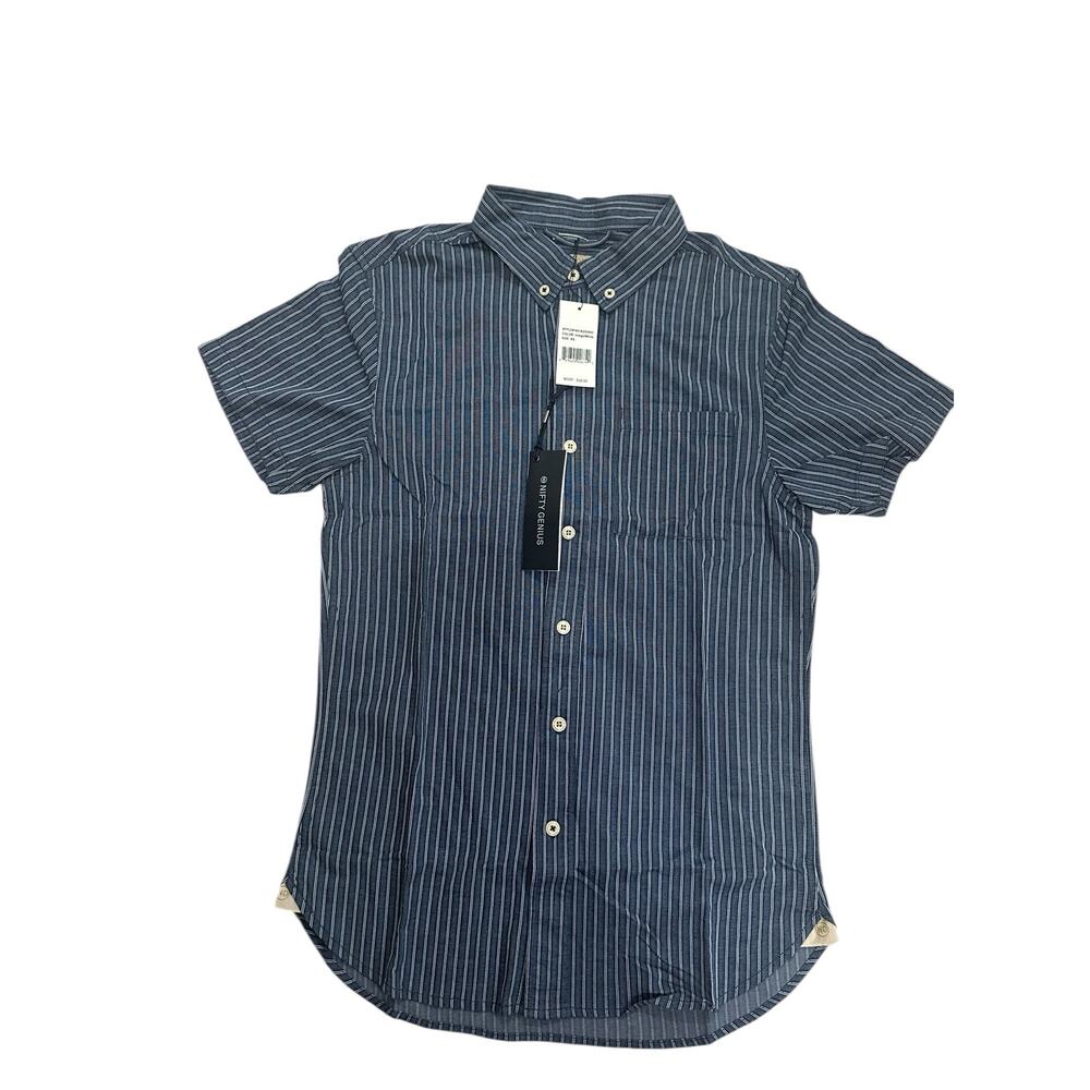Nifty Genius Button Short Sleeve Shirt Stripes Navy Size XS NWT